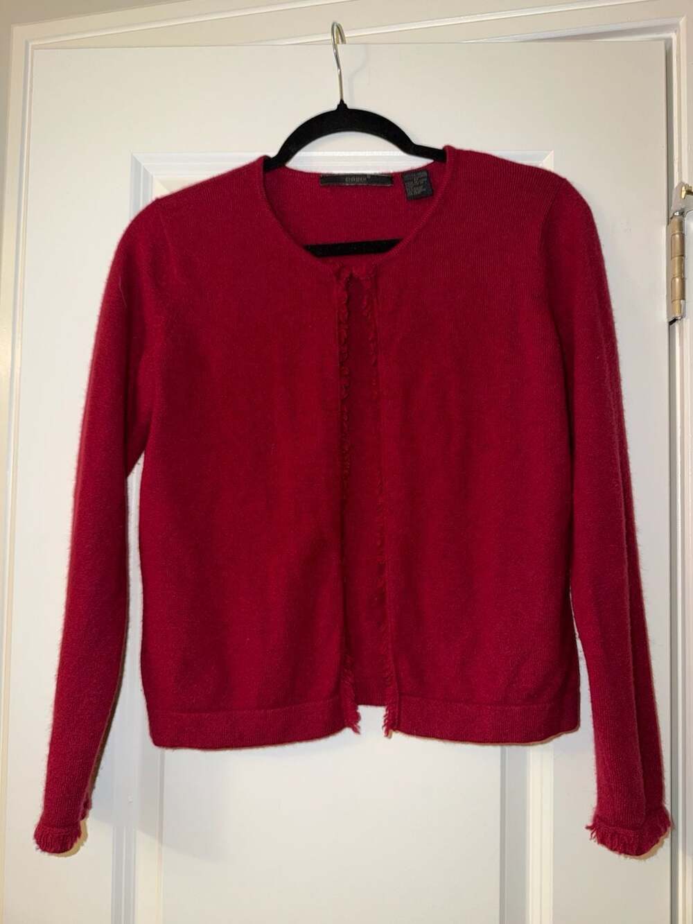 Easel 100% Cashmere Fringe Open Front Cardigan Sweater Red Medium